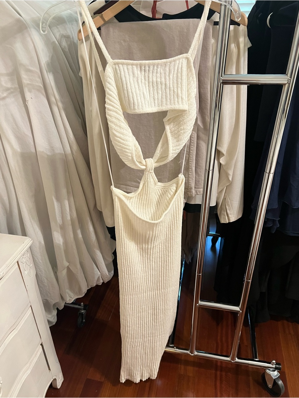 Cream Ribbed Knit Tie-Back dress one piece Crop Top